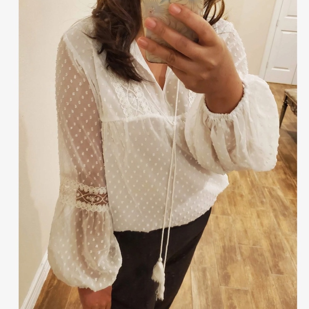 Boho White Swiss Dot Tassel Neck Tie Top - Picture 1 of 7